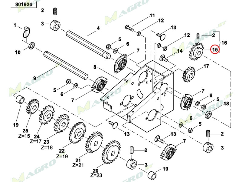 Звездочка  Z-15 AC834949, аналог, Украина (вместо AC834145 ведомая от коробки на шестигранном валу)